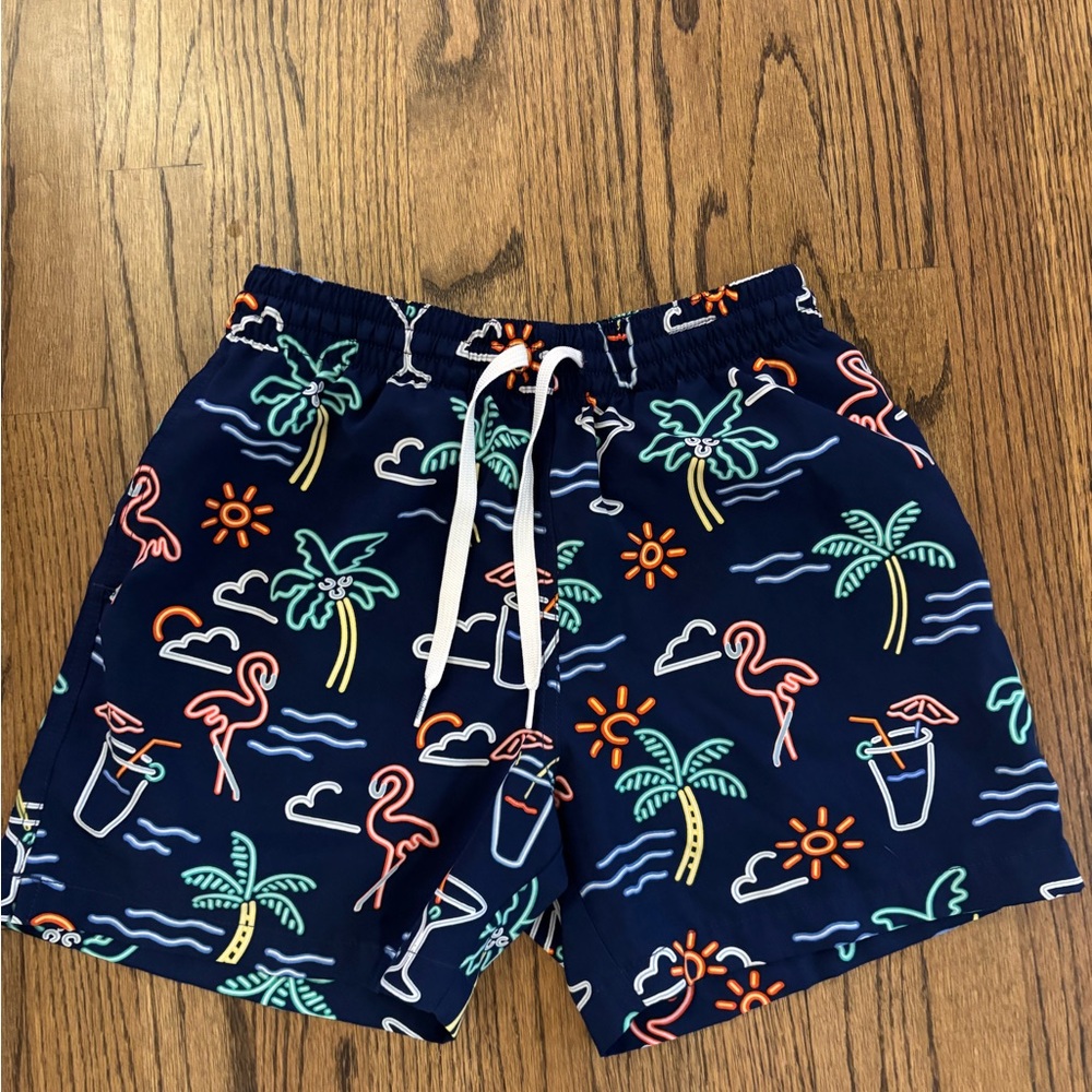 chubbies Navy Swim Trunks with Neon Tropical Print
